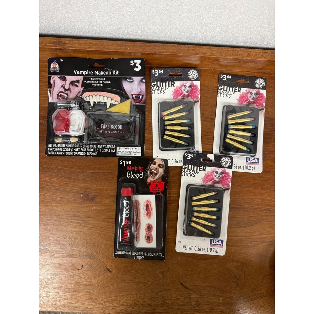 Halloween Vampire Makeup Kit Bundle Fake Blood Fangs Glitter Sticks Tattoos 5pc